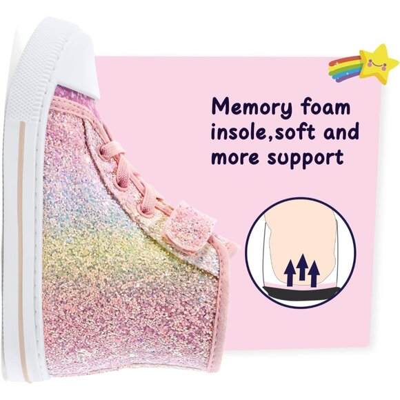 Toddler Glitter Sneakers Girls Canvas High Top Walking Shoes With Hook and Loops - Picture 6 of 9